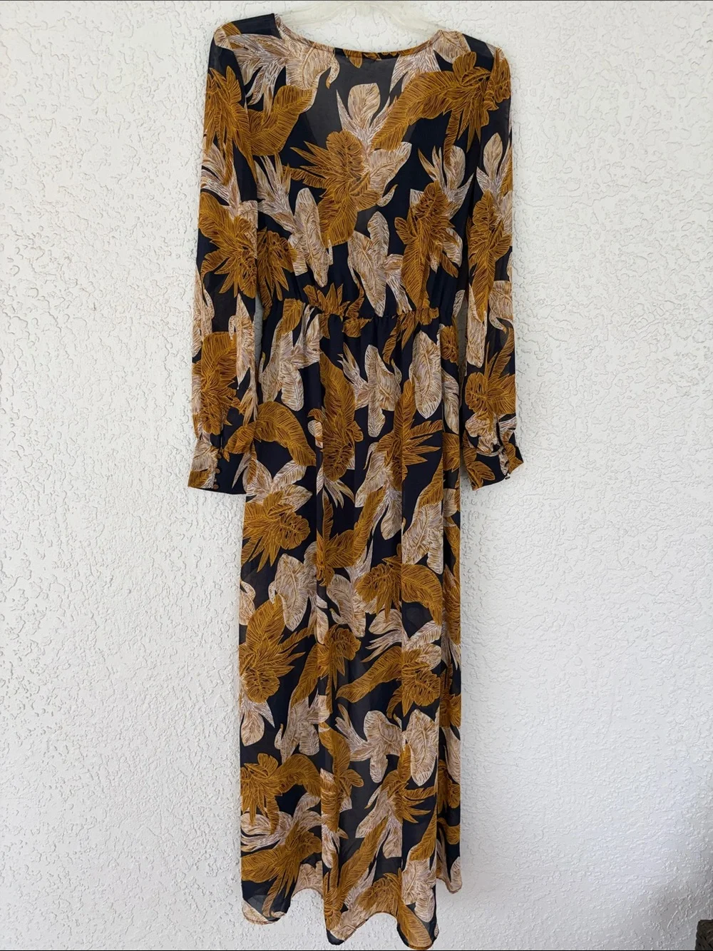 Pink Stitch Floral Print maxi dress in Mustard & Black open front size L - Picture 4 of 13